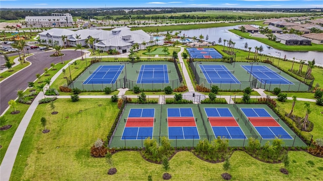 bird's eye view with a water view