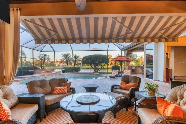 view of patio / terrace featuring glass enclosure, a swimming pool with hot tub, and an outdoor living space