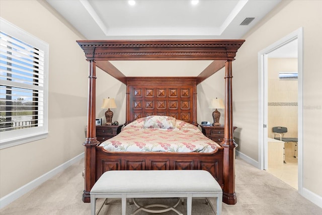 bedroom featuring light colored carpet and a raised ceiling