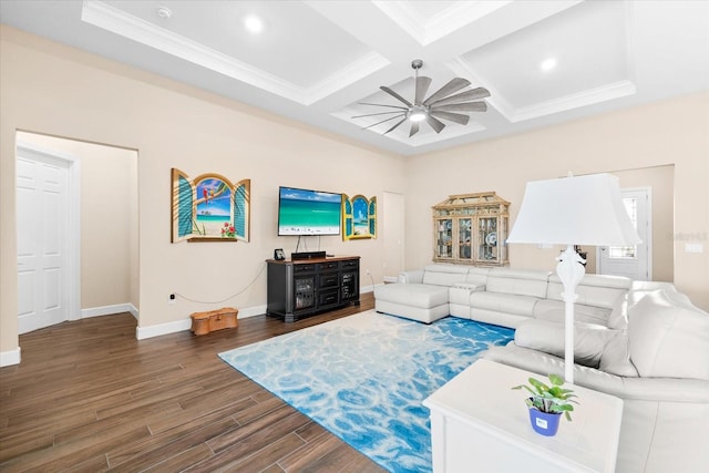 living room featuring ornamental molding, ceiling fan, dark hardwood / wood-style floors, beam ceiling, and coffered ceiling