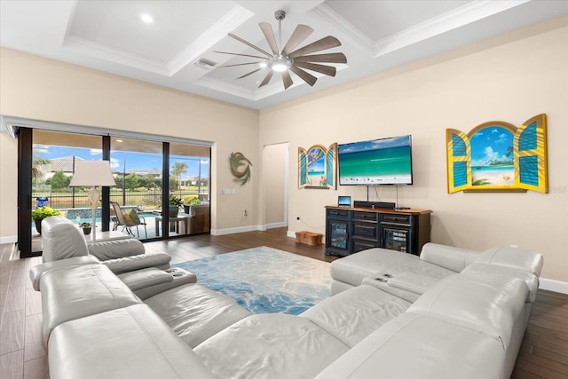 living room with coffered ceiling, hardwood / wood-style floors, ceiling fan, and beamed ceiling