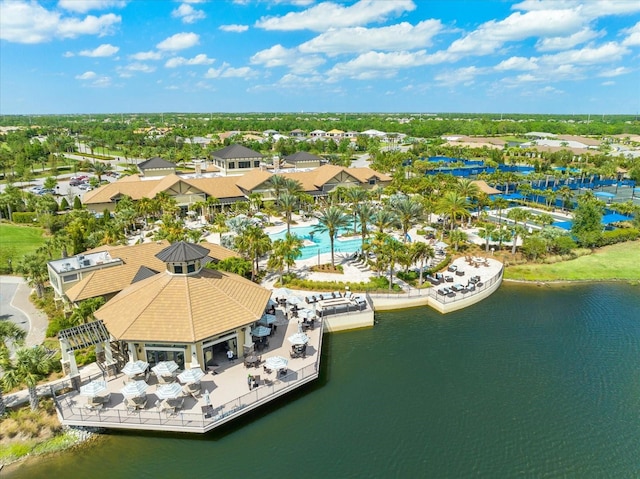 drone / aerial view featuring a water view