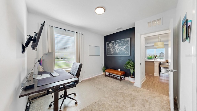 office area with sink, a wealth of natural light, and carpet