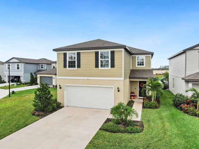 view of front facade featuring a garage and a front lawn