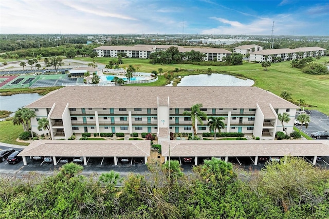 drone / aerial view featuring a water view