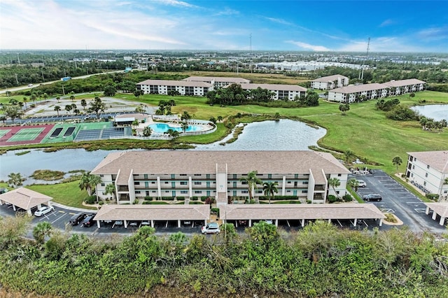 drone / aerial view featuring a water view