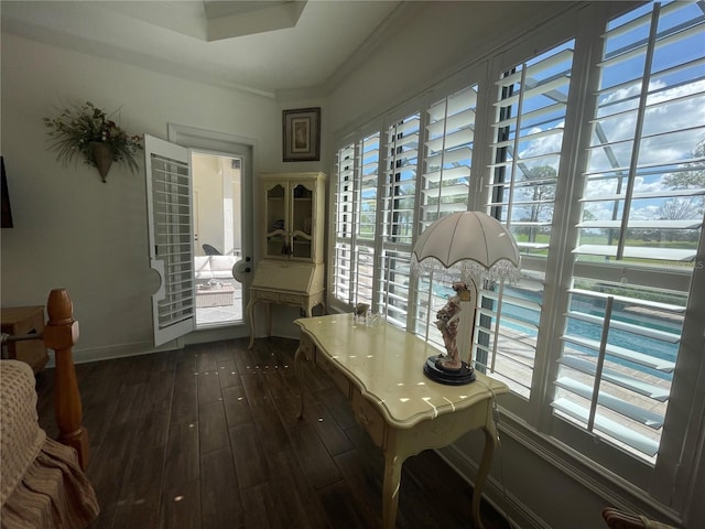 dining space with a healthy amount of sunlight, baseboards, and dark wood-style flooring