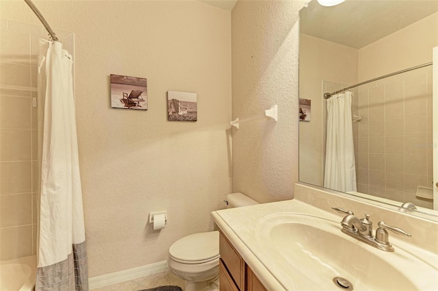 bathroom featuring toilet, a shower with curtain, vanity, and tile patterned floors