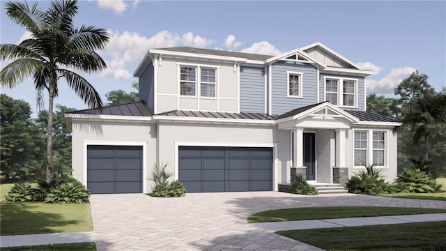 view of front facade featuring metal roof, decorative driveway, and a standing seam roof