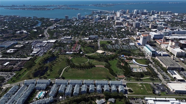 drone / aerial view with a water view