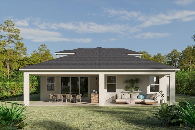 back of house featuring a patio area, stone siding, a lawn, and stucco siding