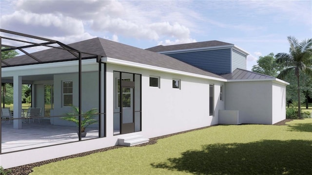 back of house with a lawn, metal roof, stucco siding, a standing seam roof, and roof with shingles
