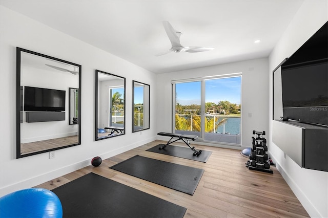 exercise room with hardwood / wood-style floors and ceiling fan