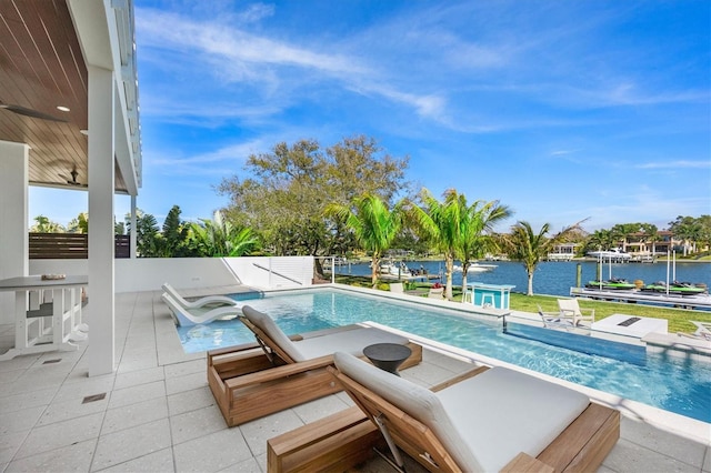 view of swimming pool featuring a patio and a water view