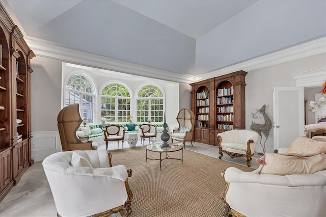 living area featuring ornamental molding