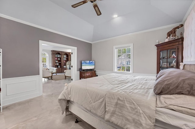 bedroom featuring vaulted ceiling, ornamental molding, and ceiling fan