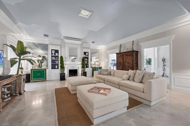 living room featuring crown molding