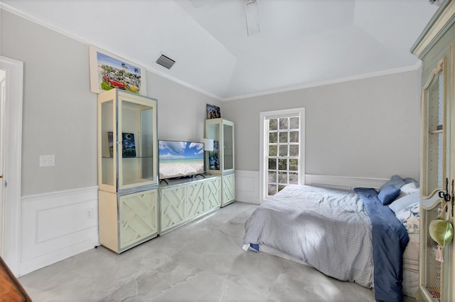 bedroom featuring lofted ceiling, ornamental molding, and ceiling fan