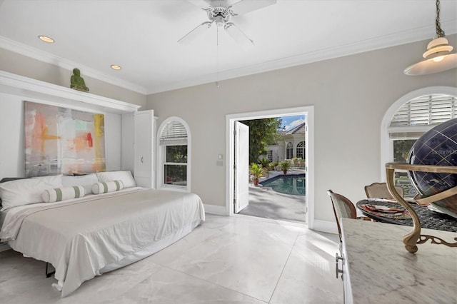 bedroom featuring ceiling fan, access to outside, and crown molding