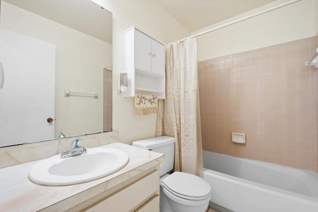 full bathroom featuring toilet, vanity, and shower / bath combination with curtain