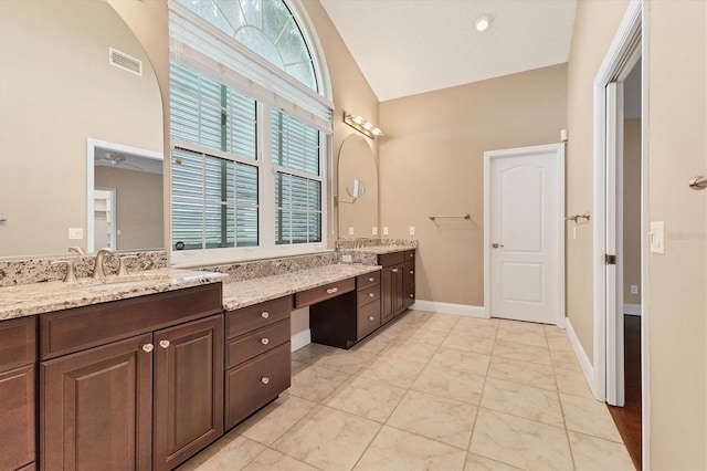 bathroom featuring vanity, vaulted ceiling, and a healthy amount of sunlight