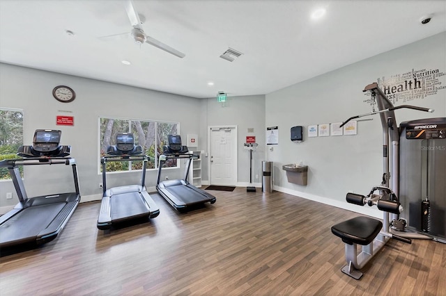 workout area with ceiling fan and hardwood / wood-style flooring