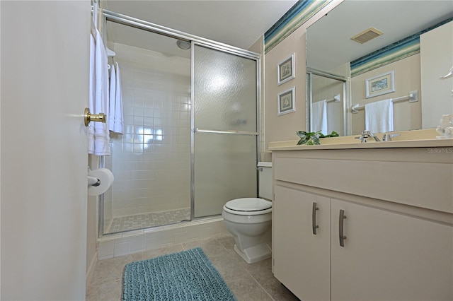 bathroom with toilet, a stall shower, visible vents, and tile patterned floors