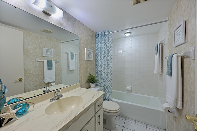 bathroom with visible vents, toilet, shower / bath combo, vanity, and tile patterned flooring