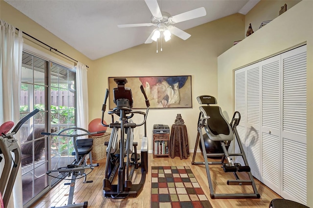 exercise room with lofted ceiling, hardwood / wood-style floors, and ceiling fan