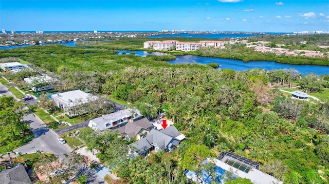 drone / aerial view with a water view