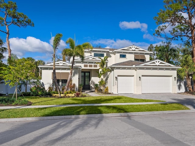 view of front of house with a front yard and a garage