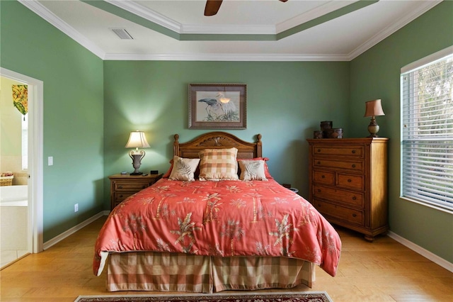 bedroom with ceiling fan, crown molding, and light hardwood / wood-style flooring