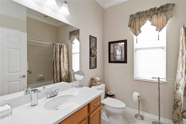 full bathroom with tile patterned flooring, plenty of natural light, ornamental molding, and vanity