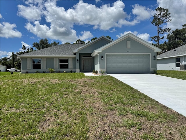 5605 Gaffney Ave, North Port, FL 34291 - ranch-style house with concrete driveway, an attached garage, a front yard, and stucco siding