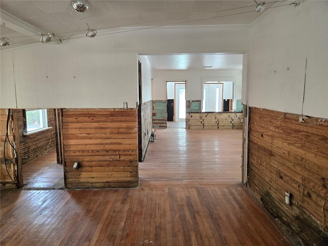 hallway with wood walls and wood-type flooring