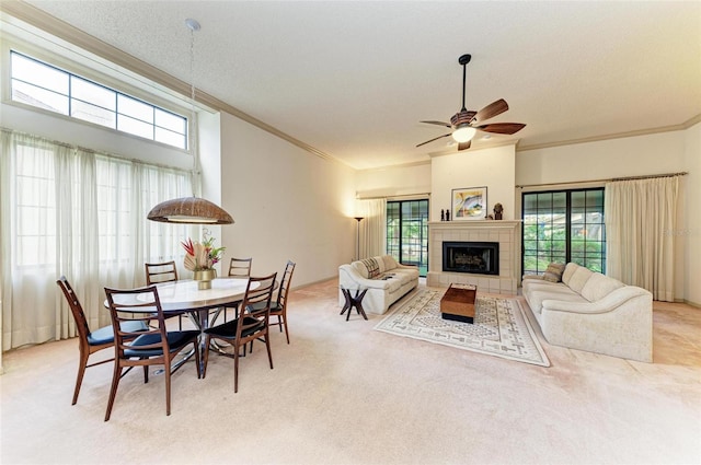 living room with a textured ceiling, carpet floors, a healthy amount of sunlight, and crown molding