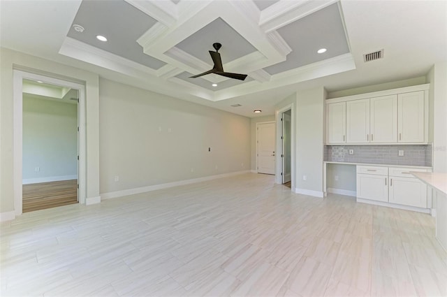 7648 Totem Ave, North Port, FL 34291 - unfurnished living room with a ceiling fan, ornamental molding, recessed lighting, coffered ceiling, and beamed ceiling