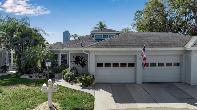 view of front of property with a front yard and a garage