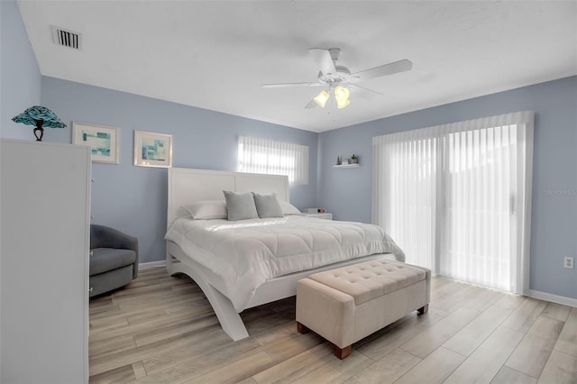 bedroom featuring ceiling fan and light hardwood / wood-style flooring