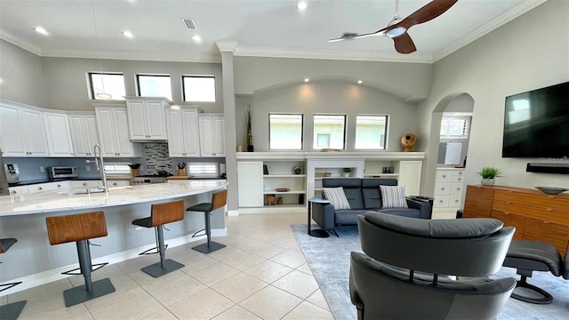 kitchen featuring white cabinets, light stone counters, plenty of natural light, and ceiling fan