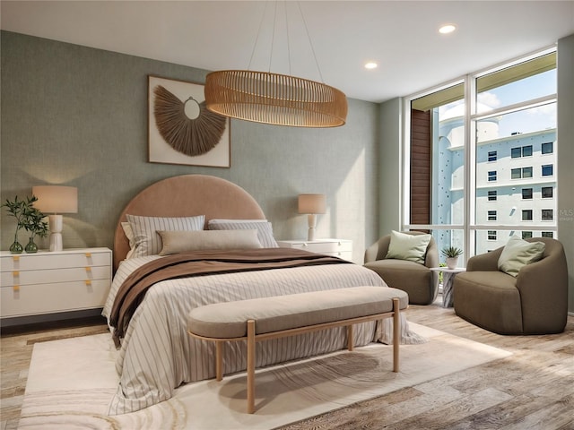 bedroom with a wall of windows and light wood-type flooring