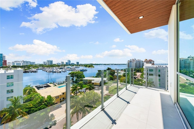 balcony featuring a water view