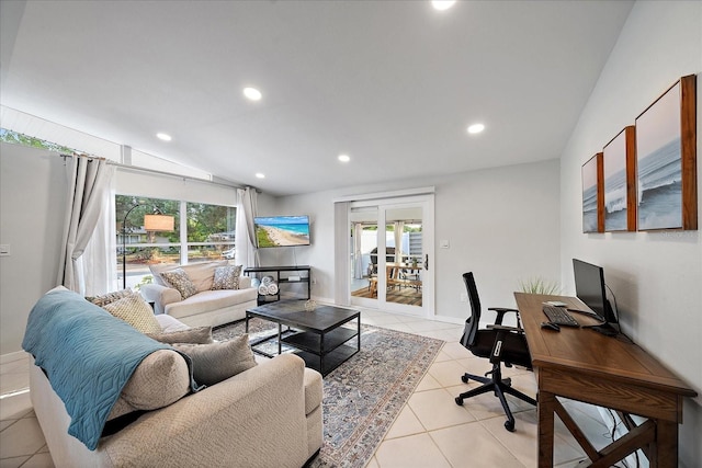 tiled living room with lofted ceiling