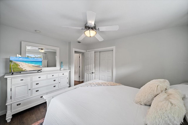 bedroom with dark wood-type flooring, ceiling fan, and a closet