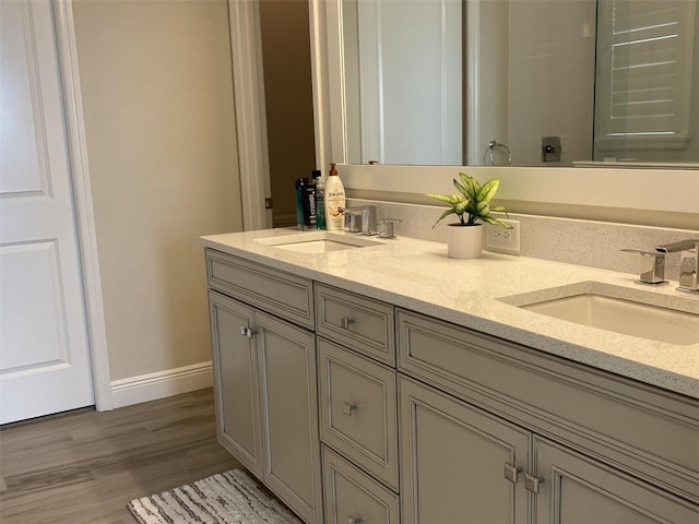 bathroom with vanity and wood-type flooring