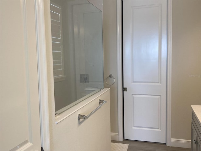 bathroom featuring hardwood / wood-style floors and vanity