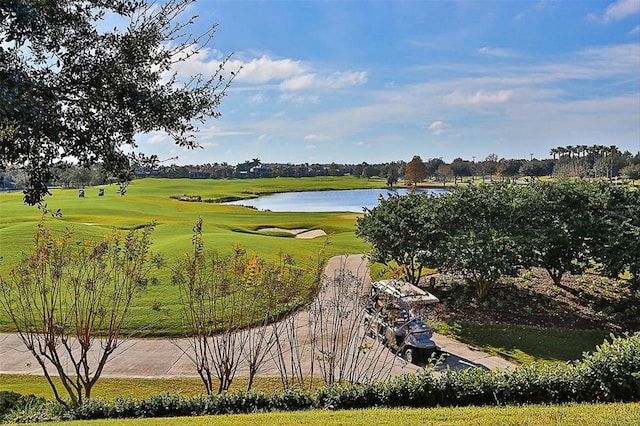 view of property's community with a water view and a lawn