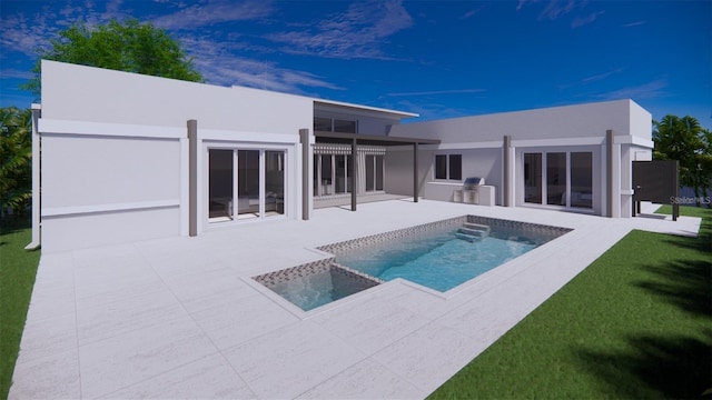 rear view of house featuring a hot tub, a lawn, and a patio