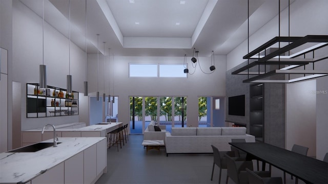 living room with sink, a raised ceiling, french doors, and a towering ceiling