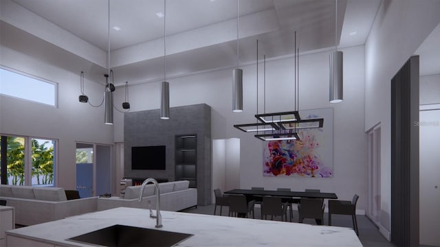 interior space featuring a towering ceiling and sink